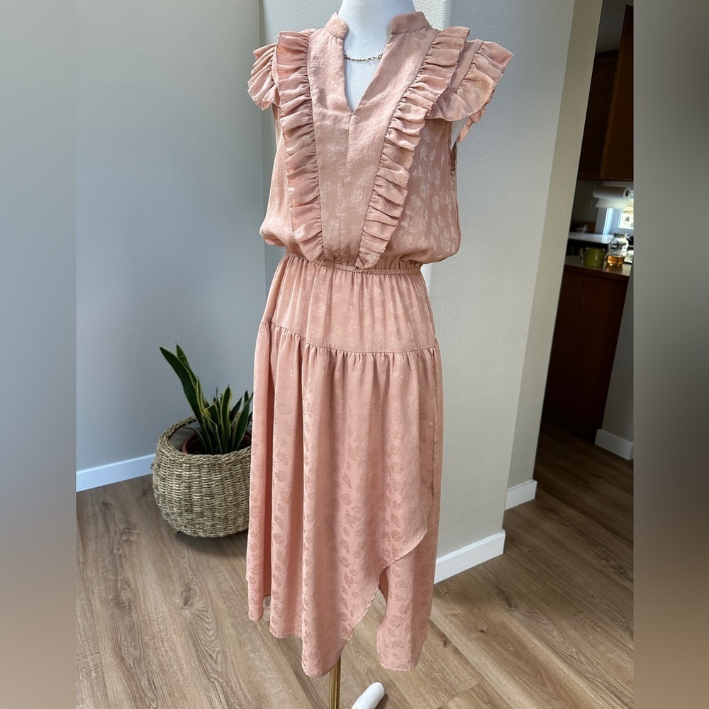 Romantic Blush Pink Ruffle Midi Dress Cottagecore Boho Feminine Tiered Flowy